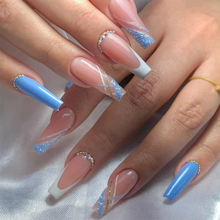 Blue and White Nails